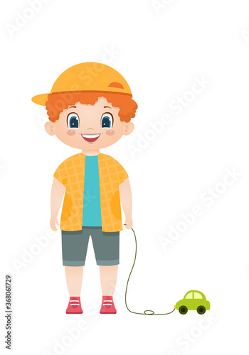 Cartoon vector smiling redheaded boy with toy car. Vector illustration.Isolated on white background