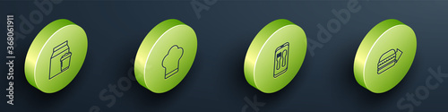 Set Isometric Online ordering and delivery, Chef hat, and burger icon. Vector.