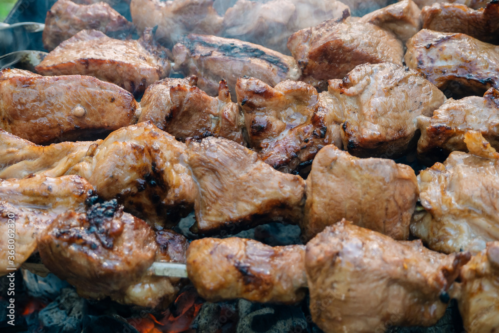 barbecue pork meat on skewers on fire on the grill barbecue pork meat on skewers on fire on the grill