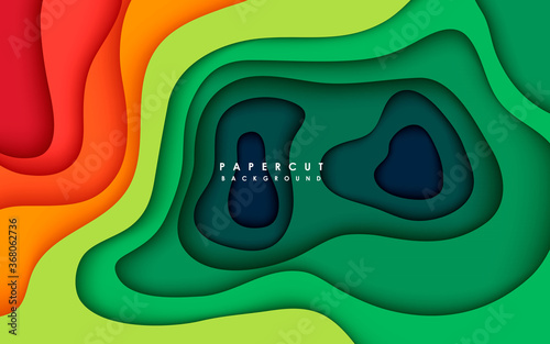 Abstract papercut background. Orange and green modern wavy layers composition.