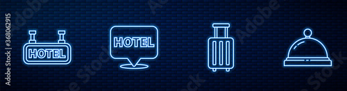 Set line Suitcase, Signboard with text Hotel, Location hotel and service bell. Glowing neon icon on brick wall. Vector.
