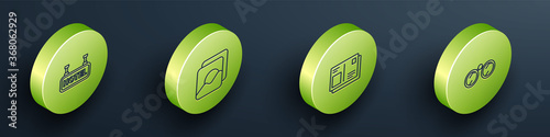 Set Isometric Signboard with text Hotel, Photo, Passport visa stamp and Binoculars icon. Vector.