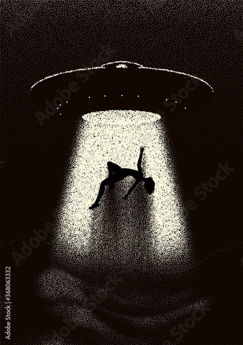 Alien spaceship kidnapping a human with the abduction ray. Retro styled poster with woman or man taken by the ufo or flying saucer. Sci-fi illustration in 50s style