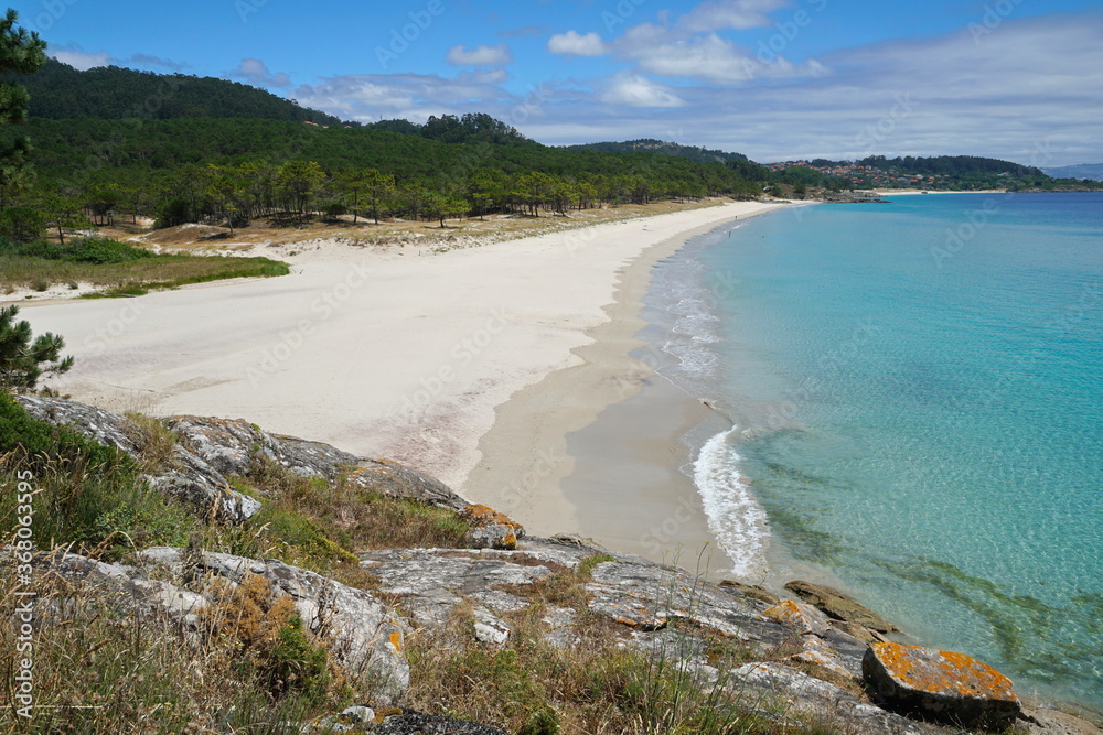 Beautiful sandy beach on the coast of Galicia, Spain, Atlantic ocean, Praia de Barra, Cangas de Morrazo, province of Pontevedra