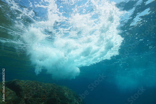 Underwater sea foam made by wave breaking  Mediterranean sea