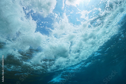 Underwater sea foam made by wave breaking seen from below water surface  natural scene   Mediterranean sea