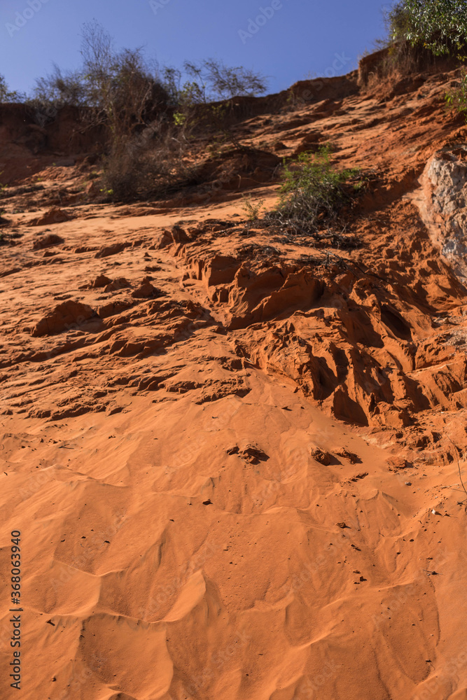Fototapeta premium Mui Ne / Vietnam - December 29, 2019: Fairy stream, canyon of red-rock cliffs & jungle trees.