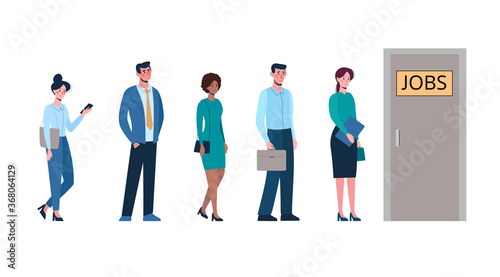 Competition of people for jobs, queue for an interview. Unemployment, crisis. Business people want to get a job. Vector illustration, flat isolated