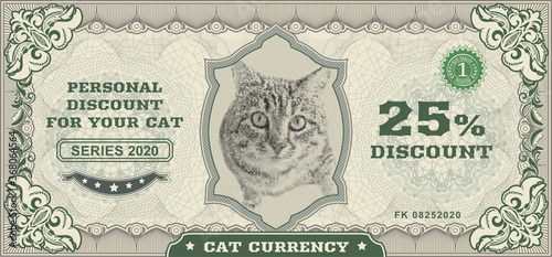 Vector money banknotes. Fake money illustration with realistic vector cat, floral border. Classical vintage style. Back sides of money bills