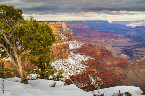 View of the Grand Canyon and the Colorado River with snow in the foreground, from the south rim, Grand Canyon National Park, Arizona.