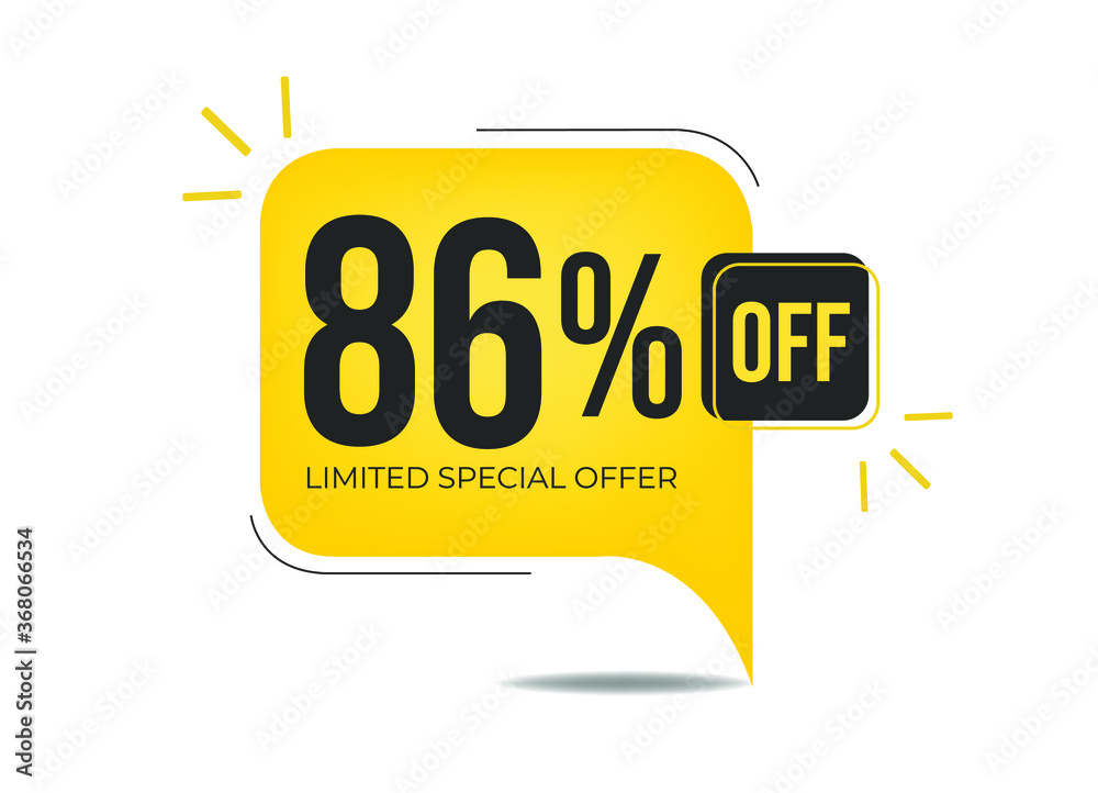 86% off limited special offer. Banner with eighty-six percent discount on a yellow square balloon. 86% off limited special offer. Banner with eighty-six percent discount on a yellow square balloon.