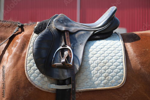 Photo of old leather saddle with stirrups
