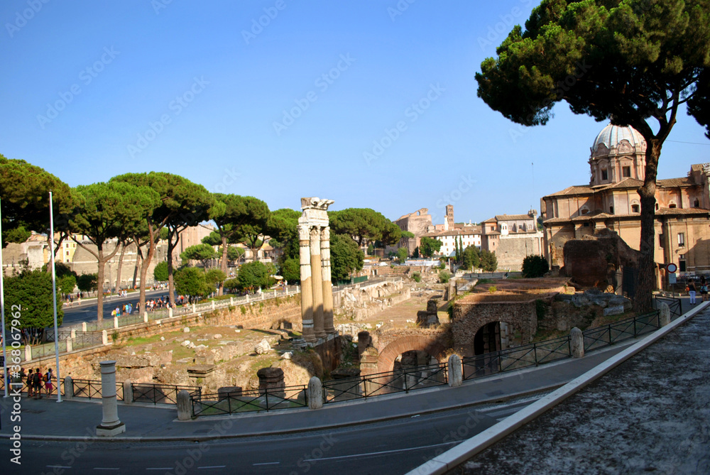 View from the Vittoriano's terrace on the  Forum of Caesar and  Corinthian order columns of the Temple of Venus Genetrix.