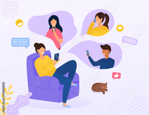 Young woman having a conference call with friends on her mobile phone as she relaxes on a chair at home, colored vector illustration