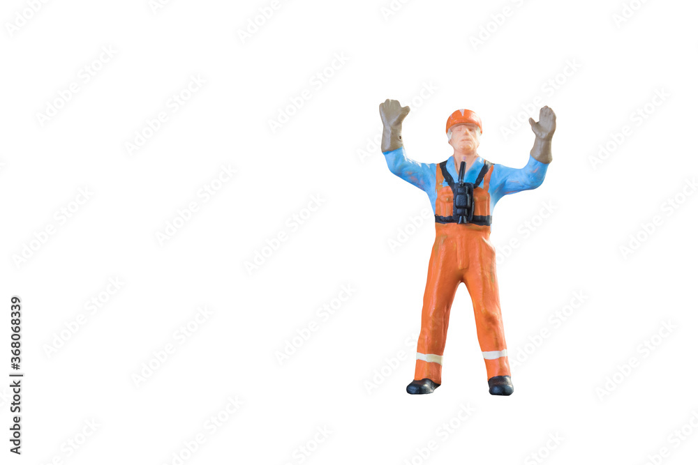 Miniature people engineer and worker occupation isolated with clipping paht on white background. Elegant Design with copy space for placement your text, mock up for industrial and construction concept