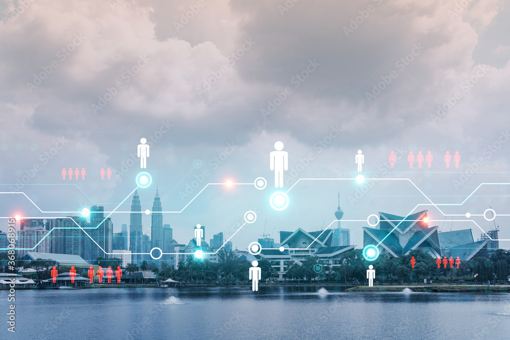 Fototapeta premium Social media icons hologram over panorama city view of Kuala Lumpur, Malaysia, Asia. The concept of people networking and connections. Double exposure.