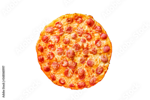 pizza salami sausages cheese classic recipe sauce fast food Takeaway serving size. food background top view copy space 