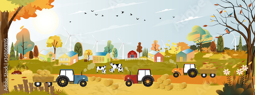 Vector of Green energy and eco friendly in small village with Solar house and windmill power, Autumn landscape with sunrise view on harvested field with farmhouse, tractor, cows and straw ball