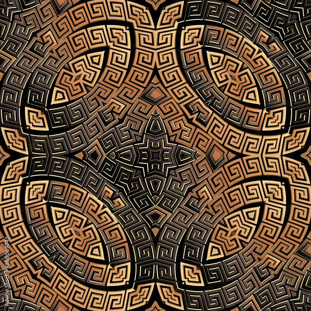 Copper greek seamless pattern. Vector ornamental textured 3d background. Ornate repeat metal backdrop. Greek key meander ancient ornament. Surface texture. Luxury design for wallpapers, fabric, print