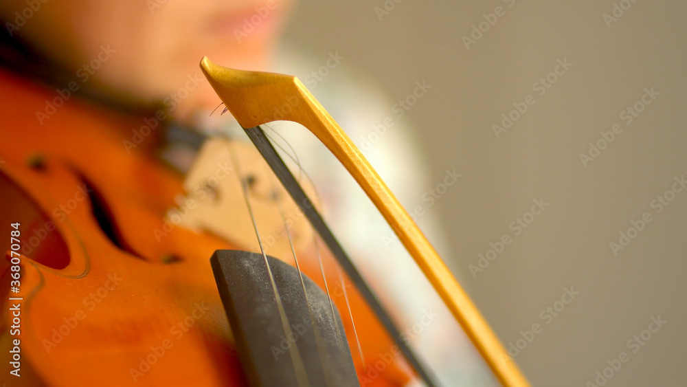 Young woman playing the violin. Hands of musician, close up view. Front view.
