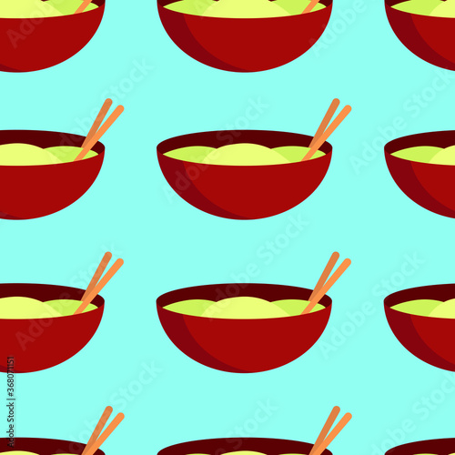 Seamless pattern from simple red bowl of ramen with chinese chopsticks with shadow on blue background 