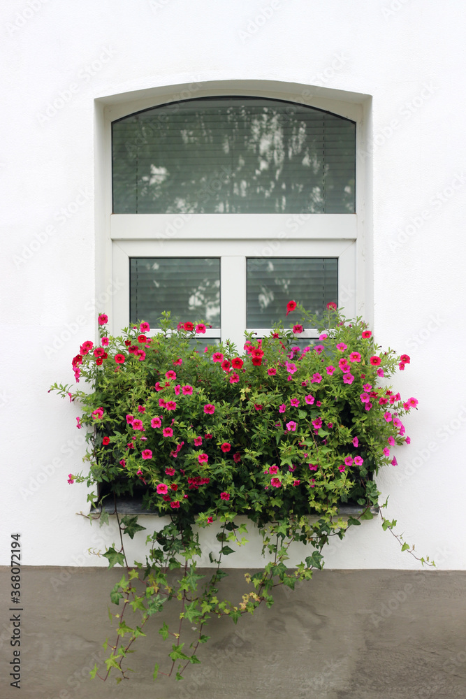 a window with blinds in an old building with stone walls and pots of pink flowers.