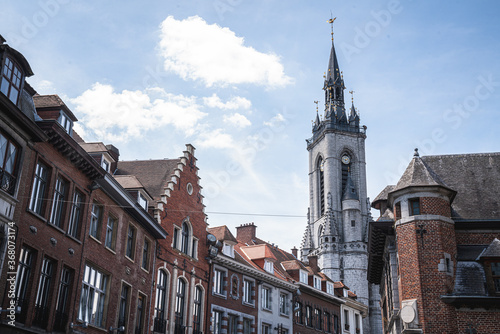 Perspective of Urban City of Tournai with Apartments and Church Tower