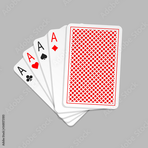 Four aces in five card poker hand playing cards with back design. Playing card isolated on grey background. Vector illustration.