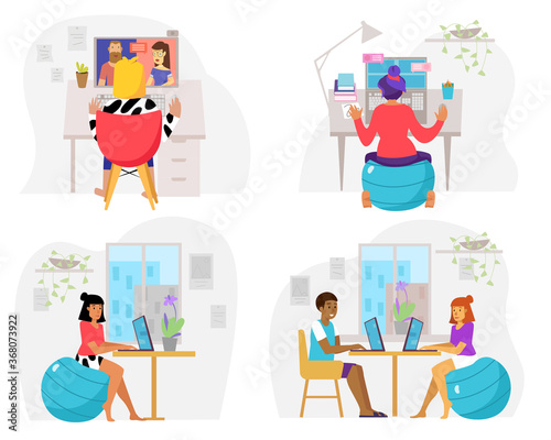 Home working people set. Woman and couple characters concepts.