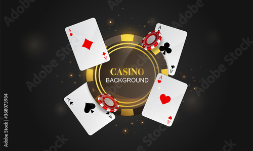 Casino background with roulette wheel, cards showing aces and tokens over a dark background with copyspace, colored vector illustration