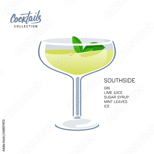 Southside mint leaves cocktail glass lime drink illustration