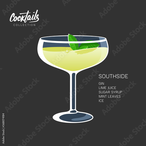 Southside mint leaves cocktail glass lime drink illustration