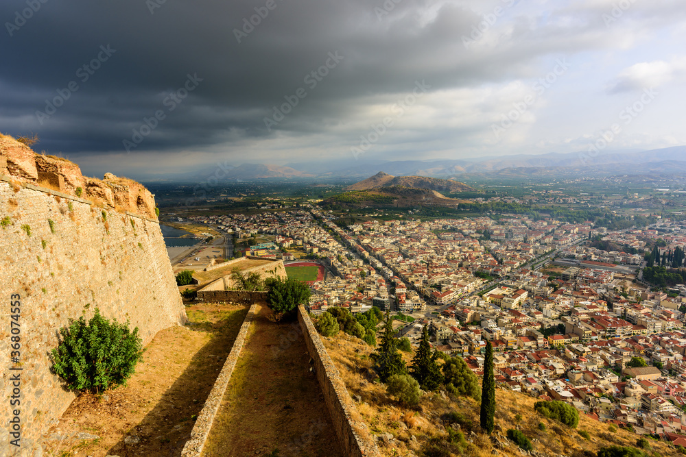 View of the city of Nafplion from the height of the walls of the fortress of Palamidi. Greece.