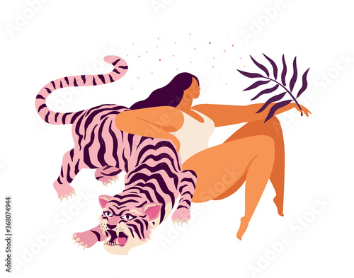 Pink tiger and a woman relaxed inspirational poster. Love yourself card.