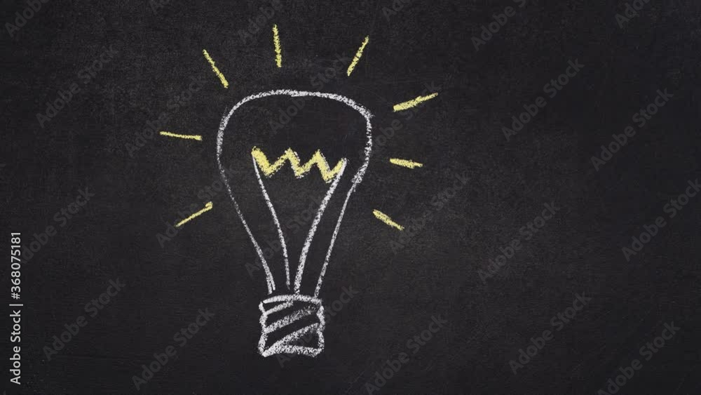 Stop motion shining light bulb symbolizing idea being drawn with lines on black chalkboard