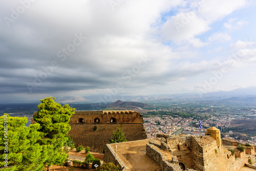 Bastions and structures in the fortress of Palamidi and view of city of Nafplion,Greece