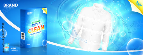 Ads banner of laundry detergent. Vector illustration with realistic box of laundry detergent with bright design. Horizontal banner with white shirt, water splashes and bubbles on blue background.