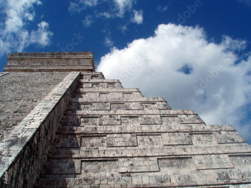 Close-up of the staircase and steps on one side of a Mayan pyramid at the Chichen Itza historical site in Mexico.  