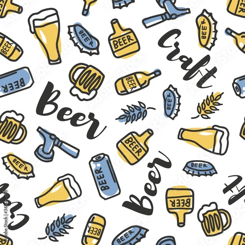 Pattern with beer tap, mug, cap and bottle