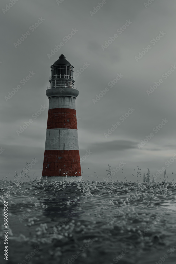 3d rendering of empty lighthouse surrounded from troubled sea