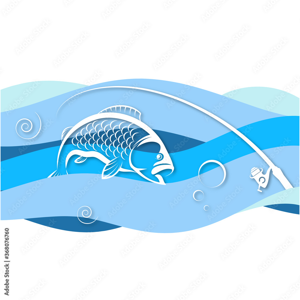 Obraz premium Fish on blue wave and rod design for fishing