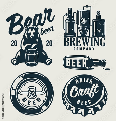 Set of emblems with beer barrel, hop and mug