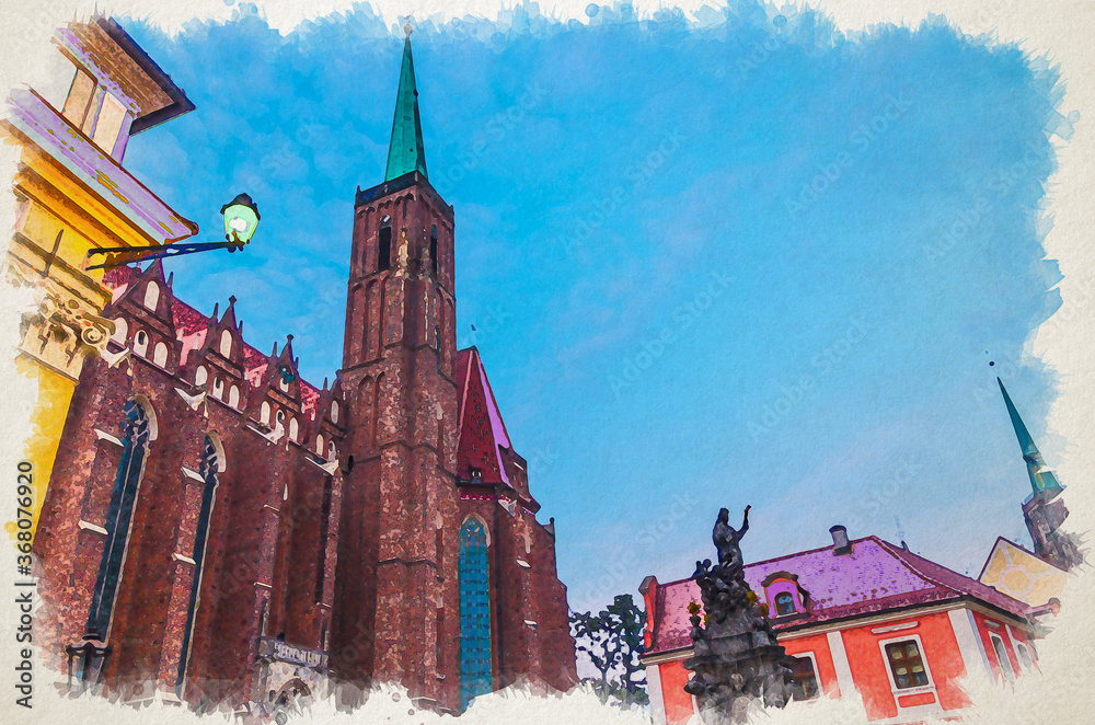 Obraz premium Watercolor drawing of Monument and street light on square and Collegiate catholic Church of Holy Cross with spire in old historical city centre Ostrow Tumski, evening view, Wroclaw, Poland