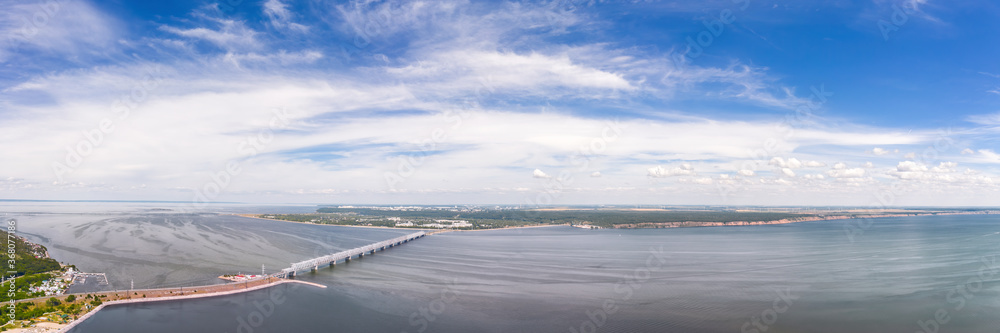 Large aerial panoramic landscape of Volga river in Ulyanovsk, Russia