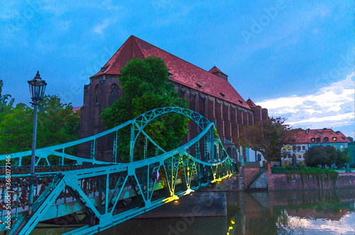 Watercolor drawing of Roman Catholic parish Saint Mary church NMP on Sand island Wyspa Piasek, view through arch of Tumski bridge in old town historical city centre of Wroclaw, evening view, Poland