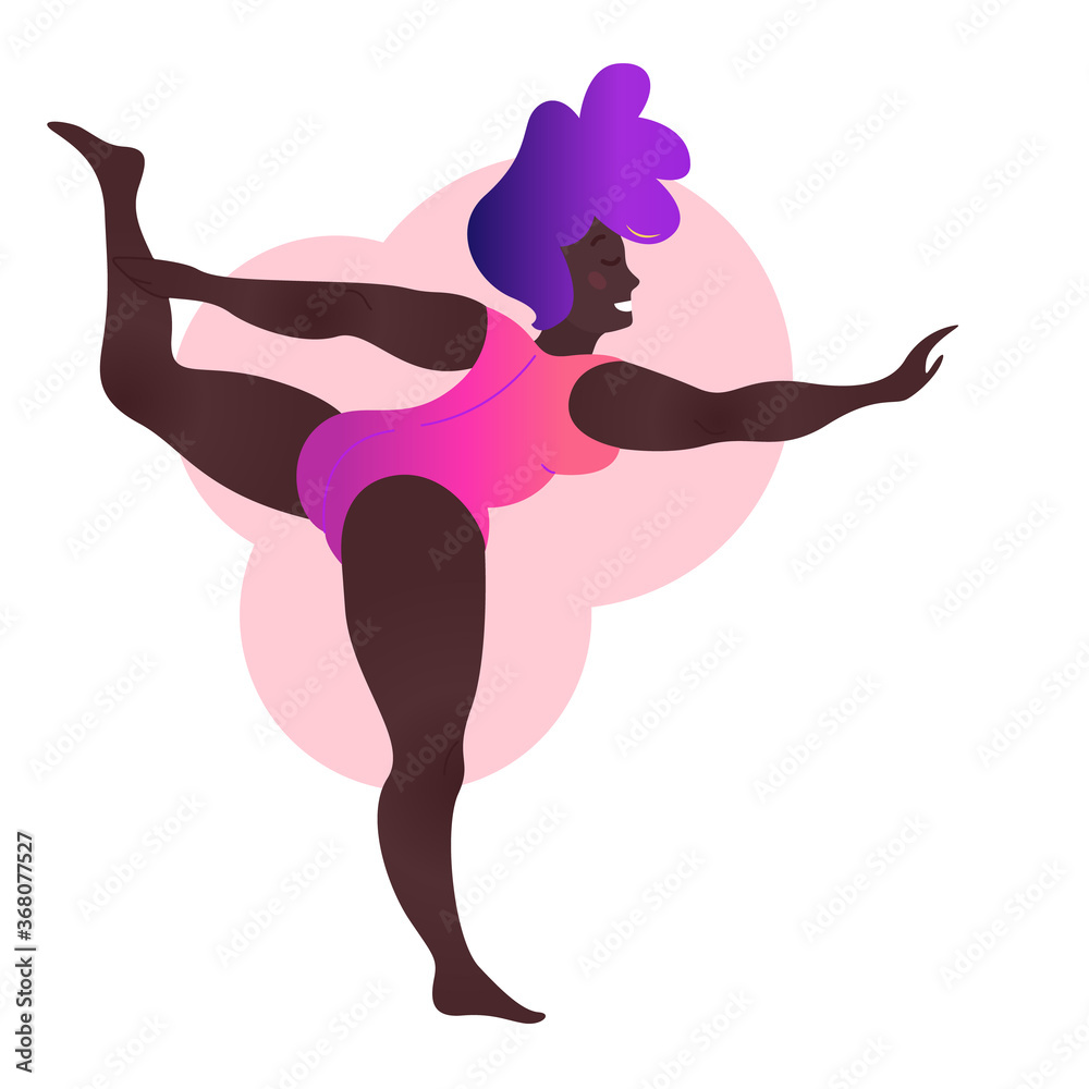 Plus size black curvy lady doing yoga class. Vector illustration isolated on white. Online home workout concept. Body positive. Attractive African American woman. Natarajasana or Lord of Dance Pose.