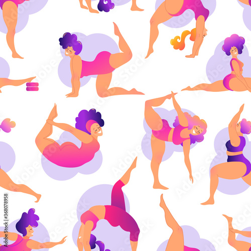 Plus size curvy lady doing yoga class. Seamless pattern. Vector illustration isolated on white. Online home workout concept. Body positive. Attractive overweight woman.