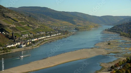 Rhine River at low water near Bacharach, Rhineland-Palatinate, Germany