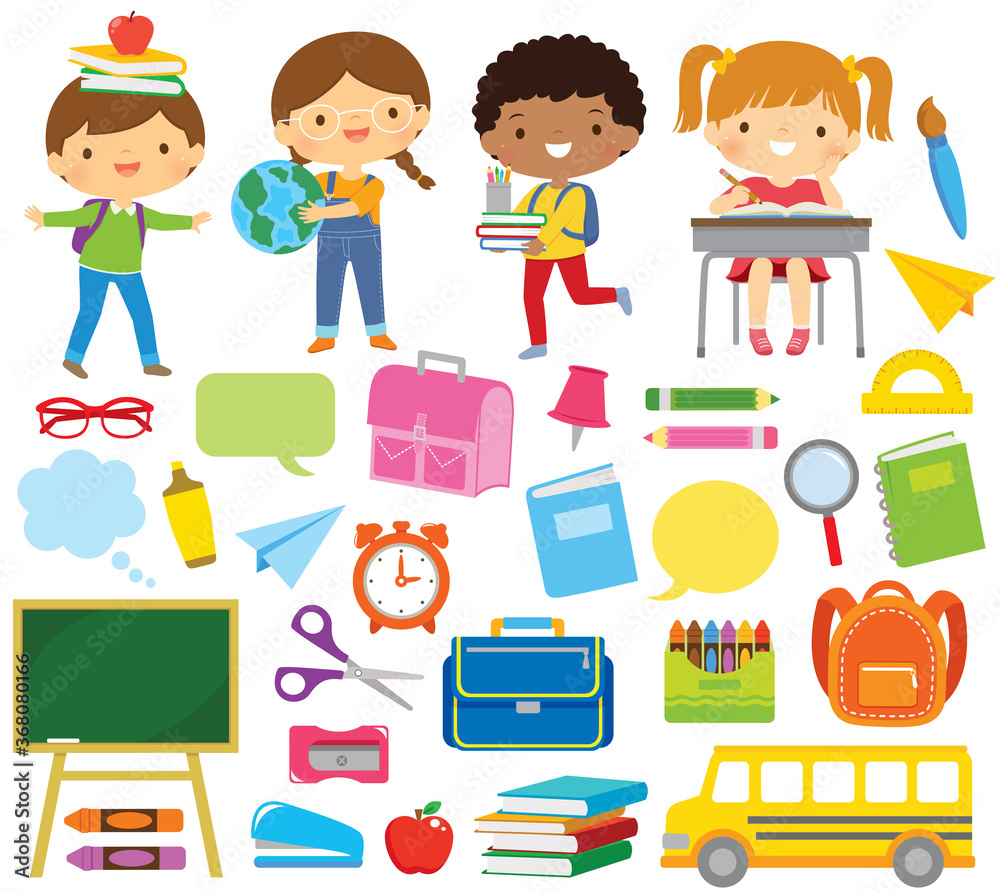 School kids and school supplies clipart set. Blackboard, notebooks, pencils and other school related items, over white background. School kids and school supplies clipart set. Blackboard, notebooks, pencils and other school related items, over white background.