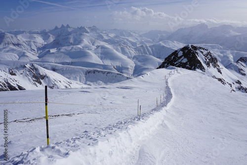 slope in a ski resort in the alps, France with a panoramic view